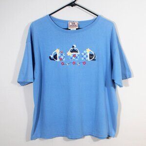 VTG 90s Top Stitch By Morning Cat Embroidered T Shirt XLarge Blue Grandmacore
